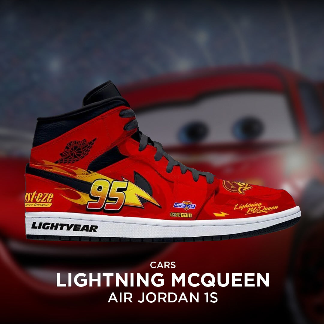 [Custom Lightning Mcqueen X Cars] Air Jordan 1 Mid Top Unisex Skateboarding Shoes Red