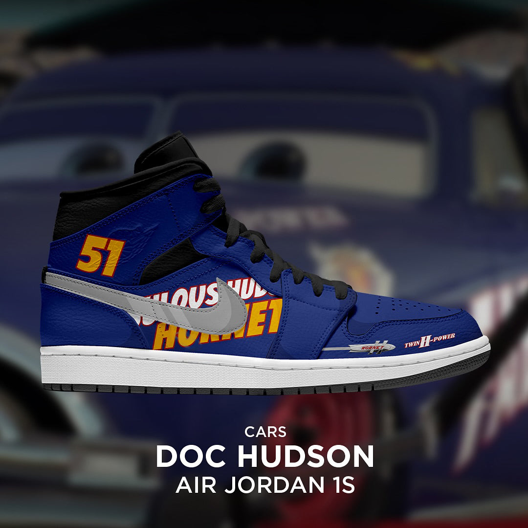 [Custom Doc Hudson X Cars] Air Jordan 1 Mid Top Unisex Skateboarding Shoes Blue