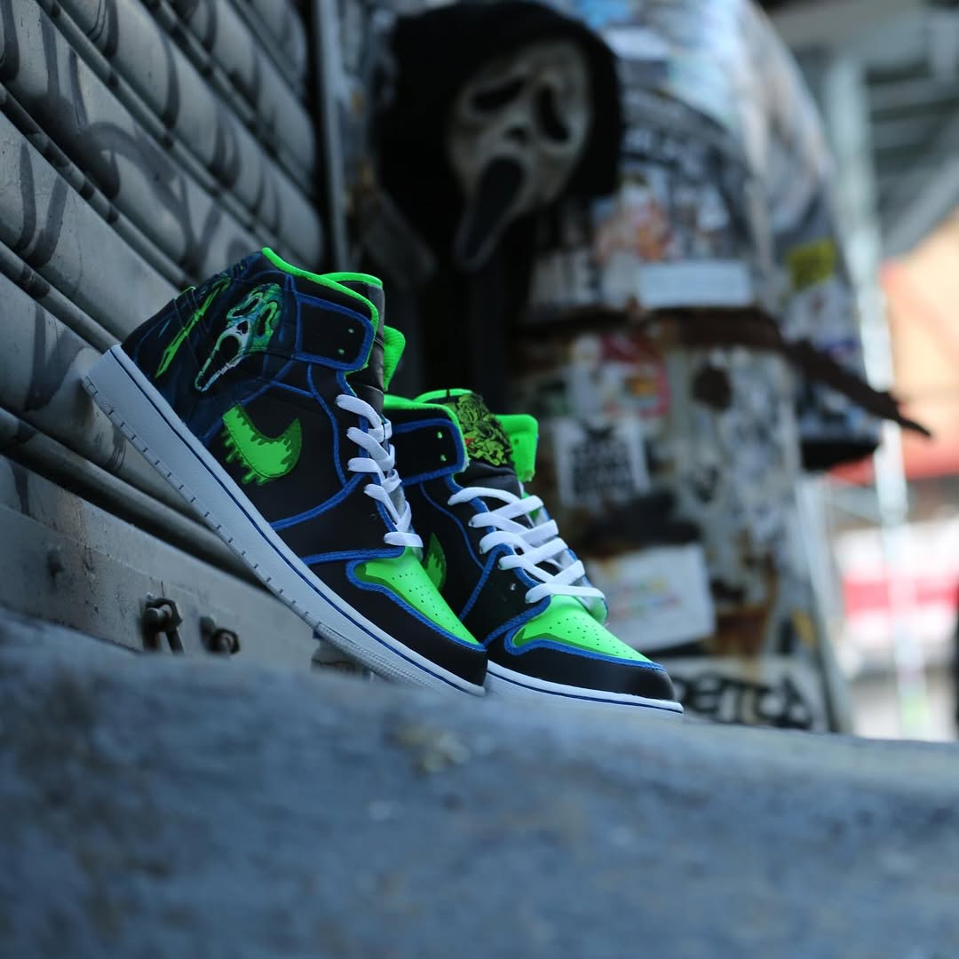 [Custom Scream] Air Jordan 1 Mid Top Unisex Skateboarding Shoes Black/Green