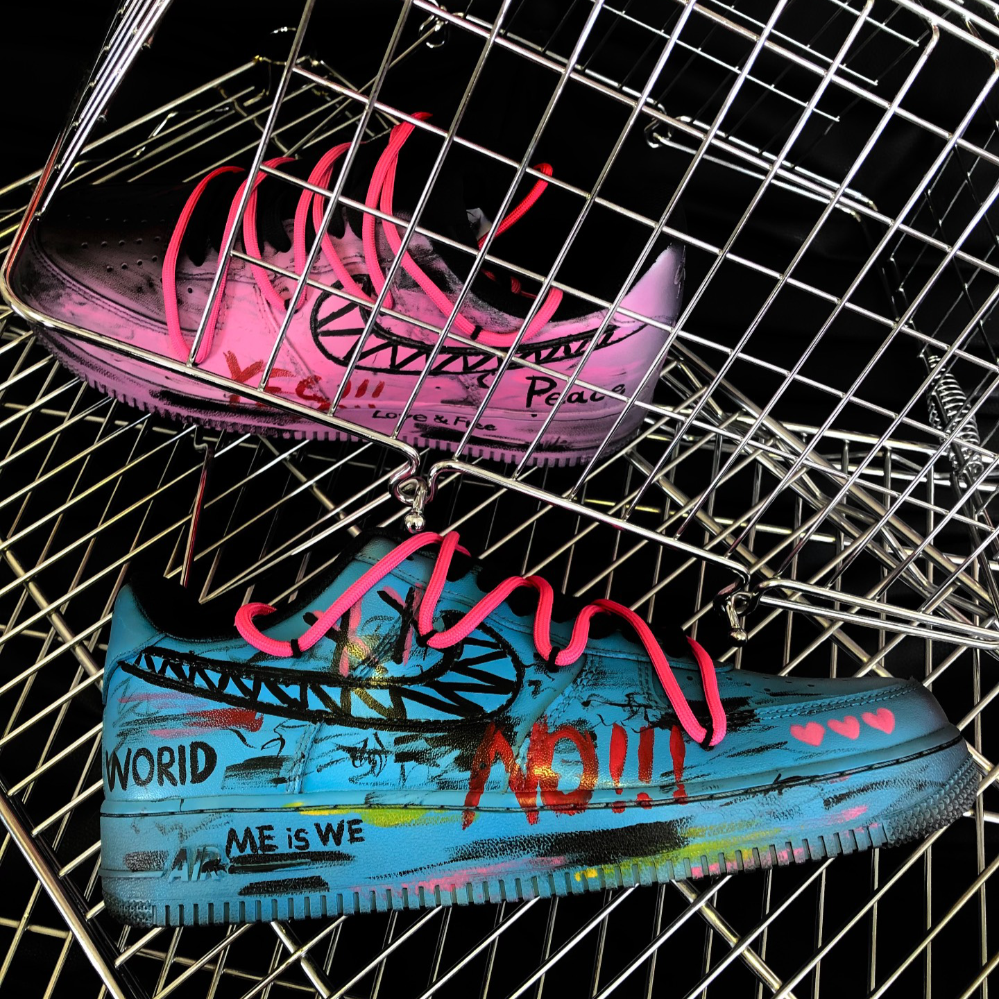 [Custom YON]  Air Force 1 Skateboard Shoes Unisex Low-Top Black/Pink Blue