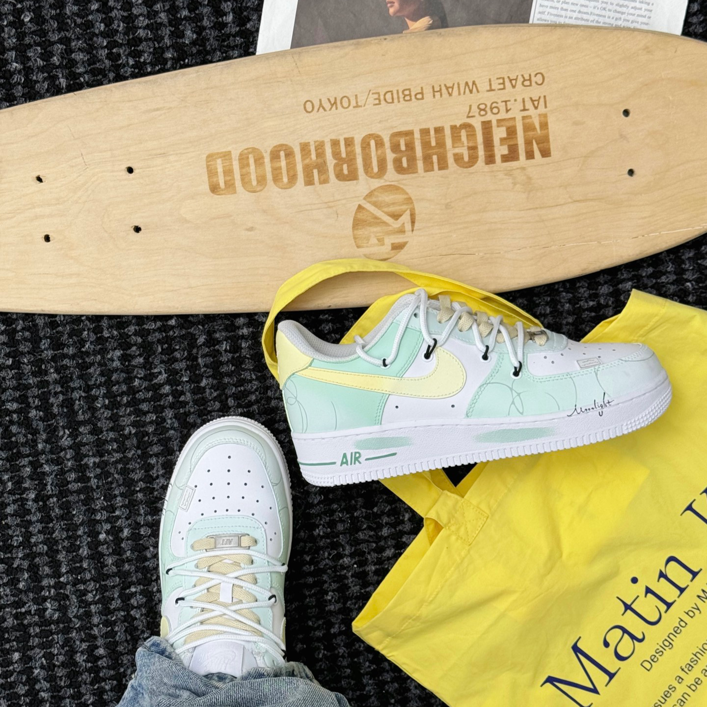 [Custom Transformational geometry]  Air Force 1 Skateboarding Shoes Women's Low-top Green, Yellow, White