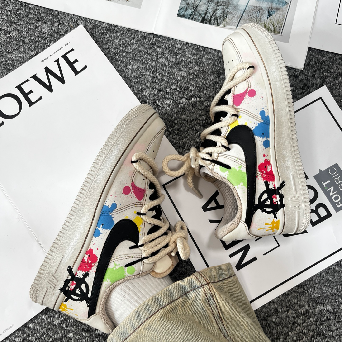 [Custom Women's ink-wash art in pink and blue]  Air Force 1 Skateboarding Shoes Women's Low-top Pink And Blue