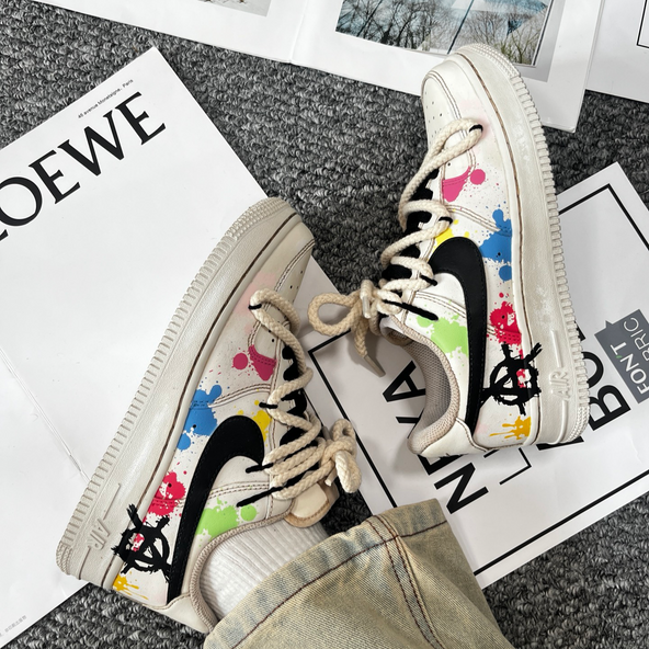 [Custom Women's ink-wash art in pink and blue]  Air Force 1 Skateboarding Shoes Women's Low-top Pink And Blue