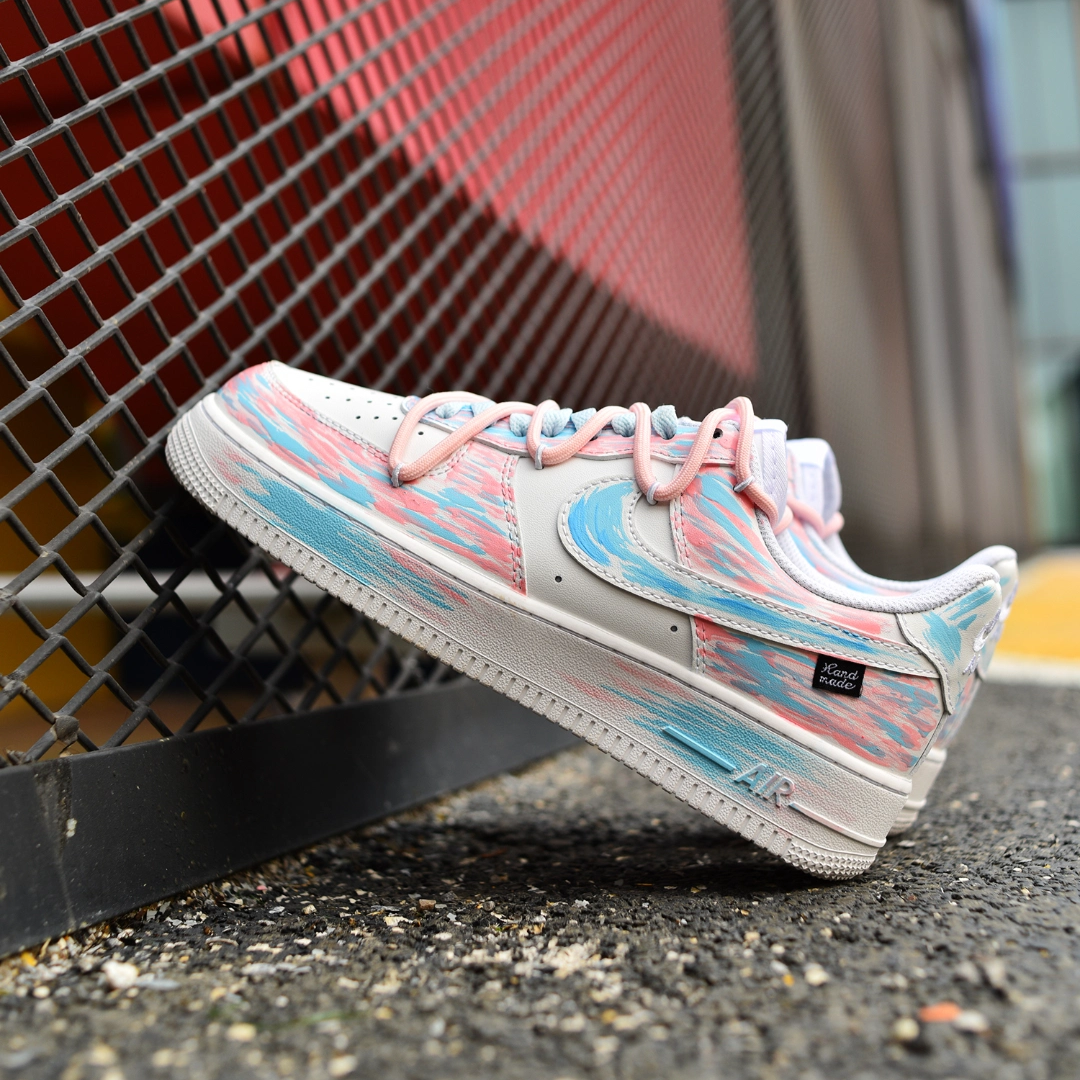 [Custom Women's Macaron Love in blue and pink]  Air Force 1 Skateboarding Shoes Women's Low-top Blue/pink