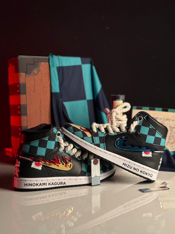 [Custom Demon Slayer - Tanjiro] Air Jordan 1 High Top Unisex Skateboarding Shoes Green/Black