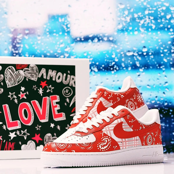 [Custom The checkered cashew fruit flowers are red]  Air Force 1 Skateboarding Shoes Women's