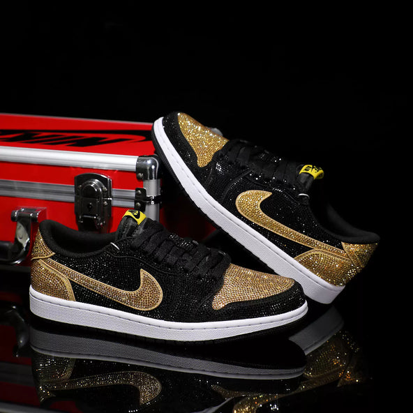 [Custom Black Gold Full Diamond] Air Jordan Low - Top Skateboarding Shoes Unisex