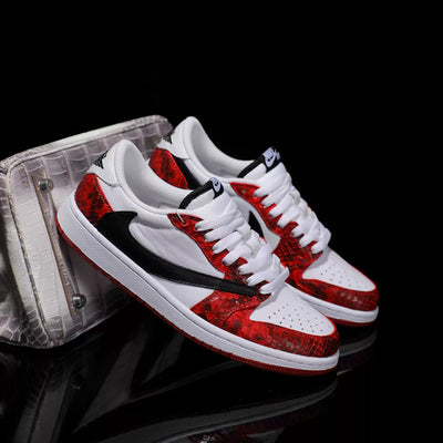 [Custom Red and White - Python Pattern] Air Jordan 1 Chicago Low - Top Skateboarding Shoes Unisex