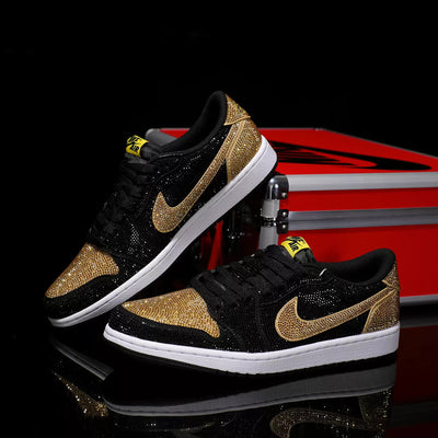 [Custom Black Gold Full Diamond] Air Jordan Low - Top Skateboarding Shoes Unisex