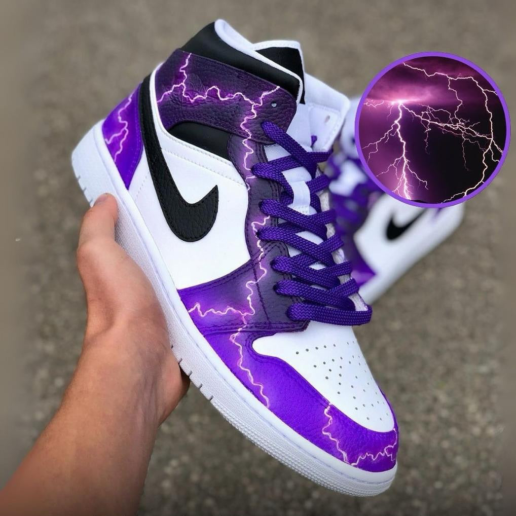 [Custom Lightning] Air Jordan 1 Mid Top Unisex Skateboarding Shoes Purple/Blue/Green