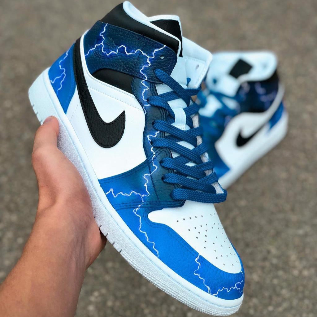 [Custom Lightning] Air Jordan 1 Mid Top Unisex Skateboarding Shoes Purple/Blue/Green