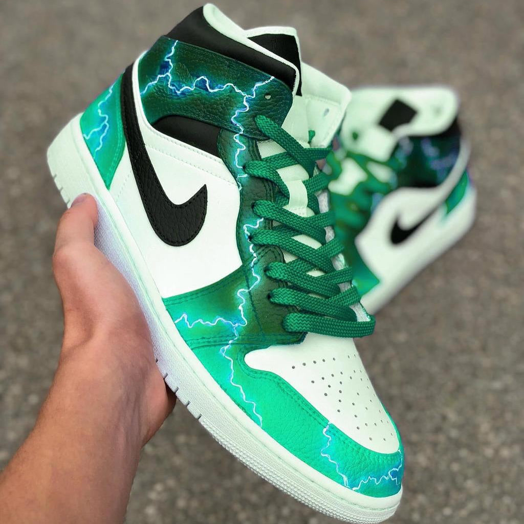 [Custom Lightning] Air Jordan 1 Mid Top Unisex Skateboarding Shoes Purple/Blue/Green