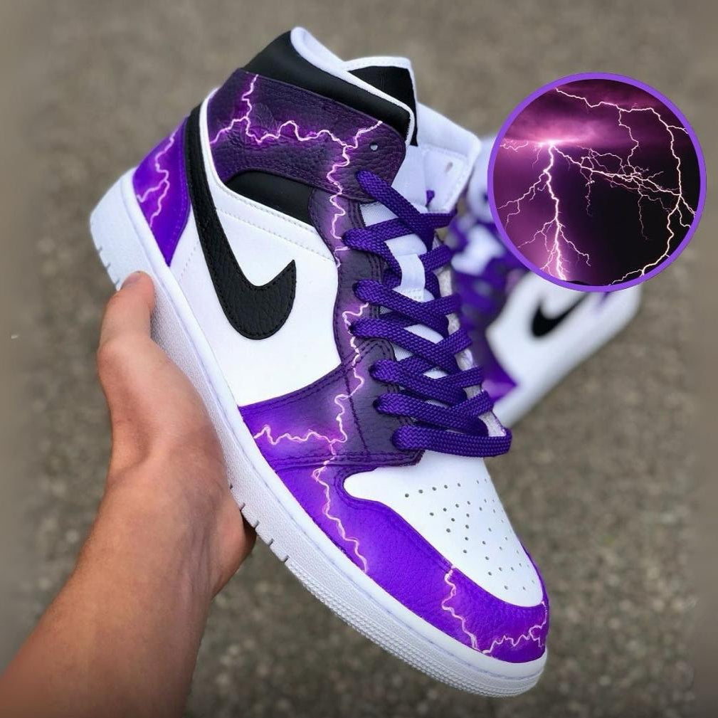 [Custom Lightning] Air Jordan 1 Mid Top Unisex Skateboarding Shoes Purple/Blue/Green