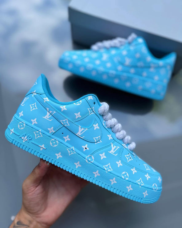 [Customized Old-fashioned Pattern] Air Force 1 Shoes Unisex Hand Painted Blue