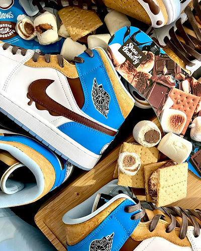 [Custom Toasted Marshmallow Sandwich Cookies] Air Jordan 1 High Top Unisex Skateboarding Shoes Blue/White/Brown