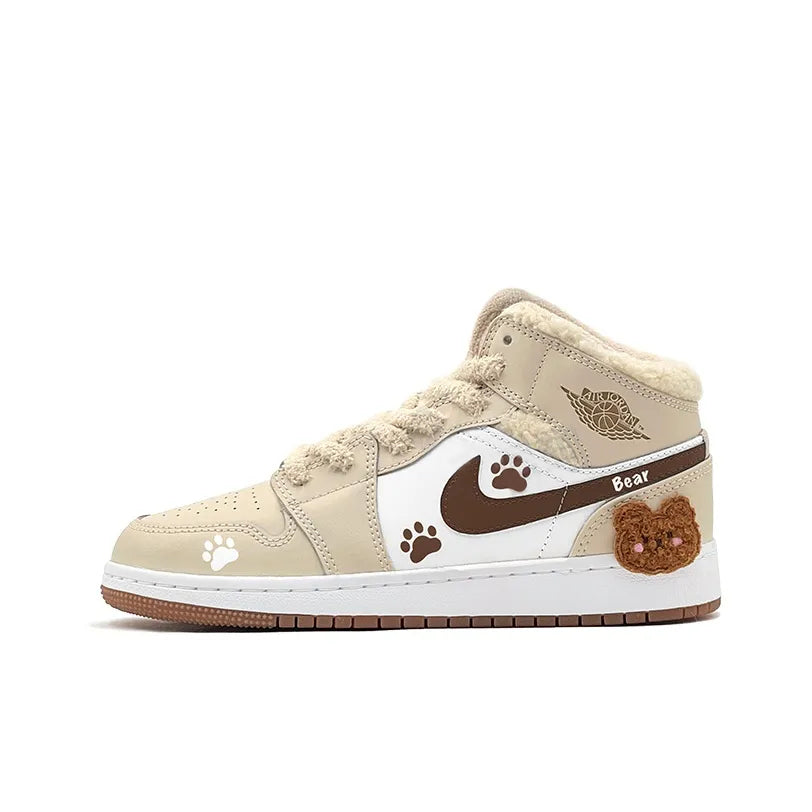 [Custom Warm Winter - Bear Cub Footprints] Jordan Air Jordan 1 High Top Female Skateboarding Shoes Khaki Color