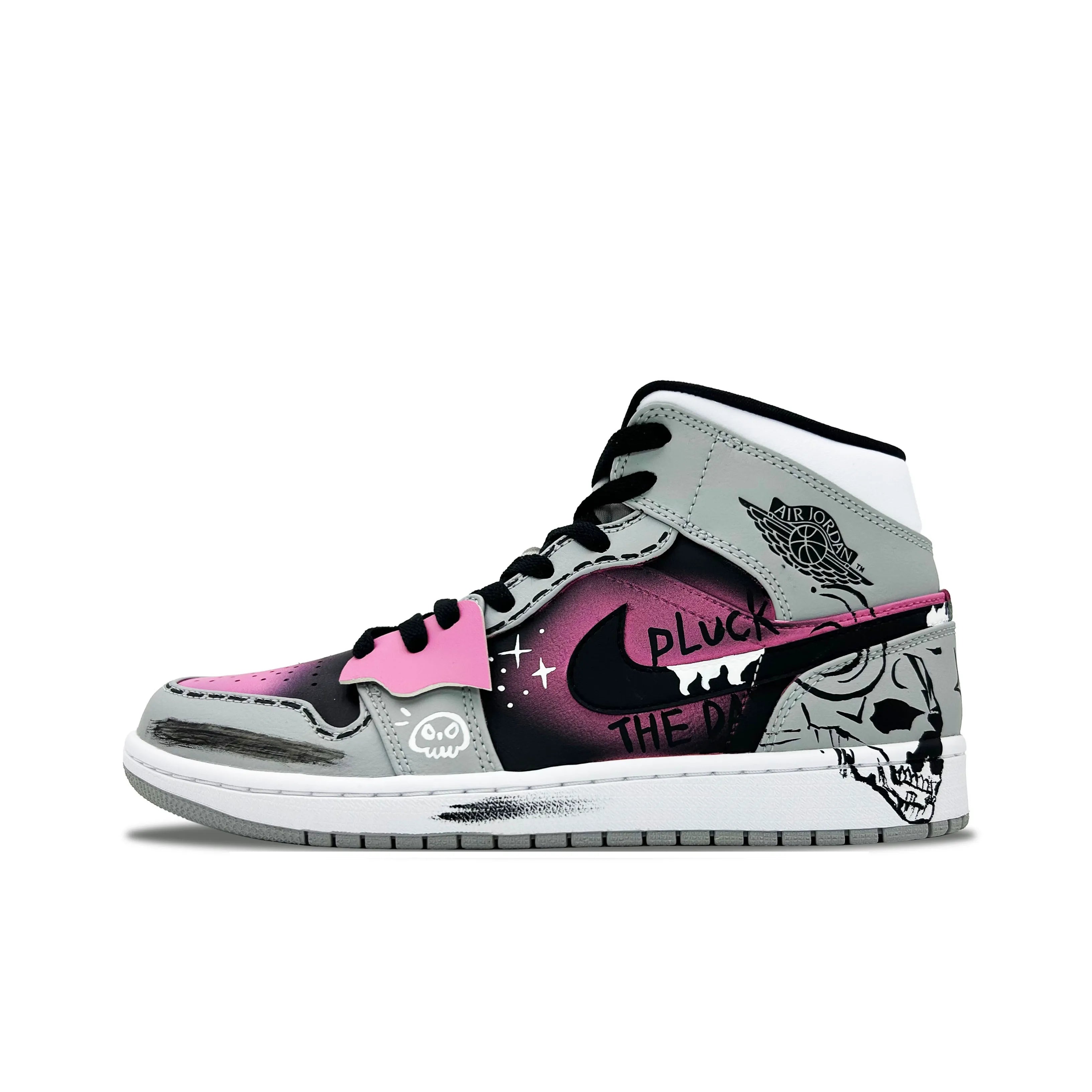 [Custom Shadow of the Night] Air Jordan 1 High Top Unisex Skateboarding Shoes Gray/Pink