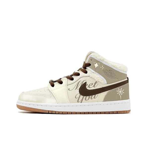 [Custom Warm Winter - Romantic Fireworks] Jordan Air Jordan 1 High Top Female Skateboarding Shoes Khaki Color