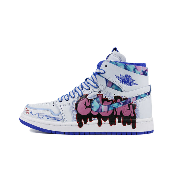 [Custom White Noise, Blue Notes ] Air Jordan 1 High - Top Skateboarding Shoes Unisex White/Blue
