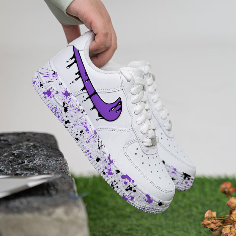 [Customized Black Drips] Air Force 1 Shoes Unisex Hand Painted/Splash Shoes Pink/Blue/Red/Purple