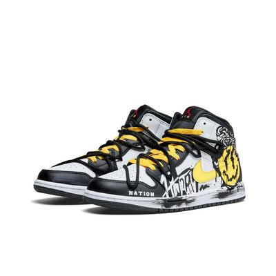[Custom Black and White Graffiti Smiley Face] Air Jordan 1 High Top Unisex Skateboarding Shoes