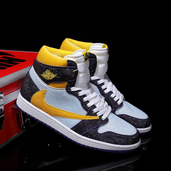 [Custom Purple Gold - Full Diamond] Air Jordan High - Top Skateboarding Shoes Unisex