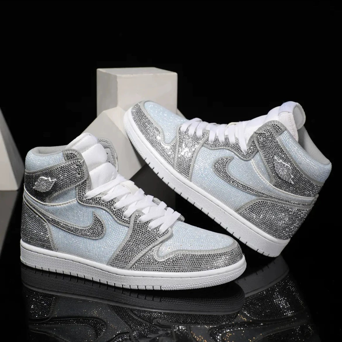 [Custom Silver- Full Diamond] Air Jordan High - Top Skateboarding Shoes Unisex
