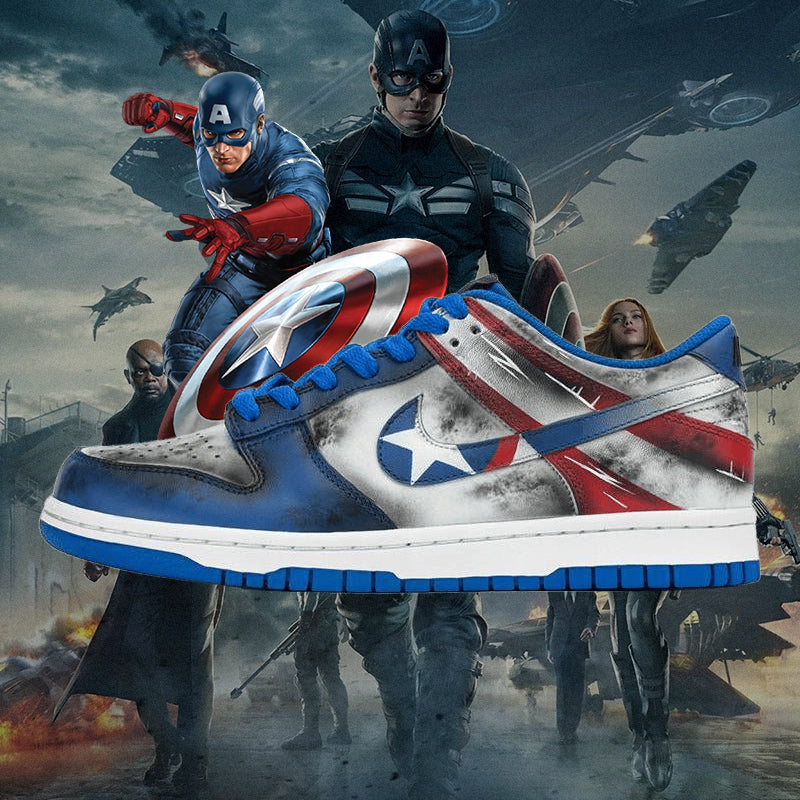 [Custom DKL men's Captain America VIBE]  Dunk Skateboarding Shoes Men Low-top Blue/Red/Gray