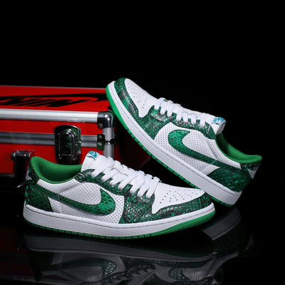 [Custom Green-White Snake Pattern - Cowhide Leather Openwork Style] Air Jordan Low - Top Skateboarding Shoes Unisex