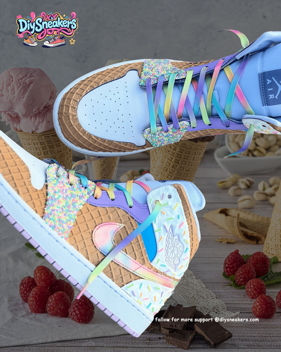 [Custom Rainbow Ice Cream] Air Jordan 1 High Top Unisex Skateboarding Shoes