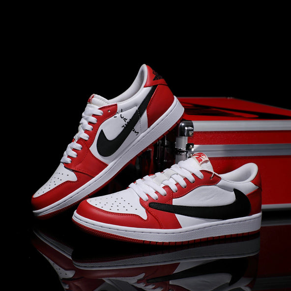 [Custom Red and White - Backwards Swoosh Cowhide Leather] Air Jordan Low - Top Skateboarding Shoes Unisex