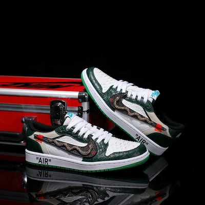 [Custom Green and White - Crocodile Pattern + Python Pattern] Air Jordan Low - Top Skateboarding Shoes Unisex